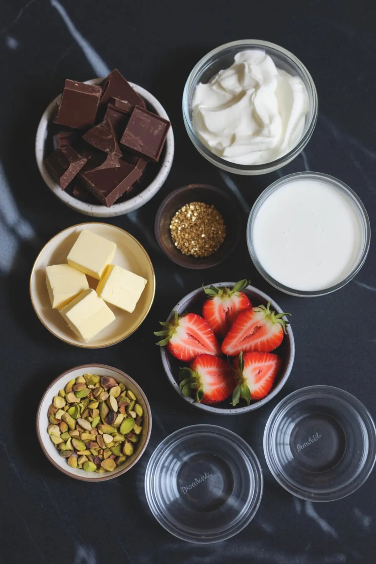 Flat lay of dessert ingredients on a black marble surface including chopped dark chocolate, whipped cream, milk, butter cubes, halved strawberries, shelled pistachios, gold sprinkles, and two empty glass bowls.
