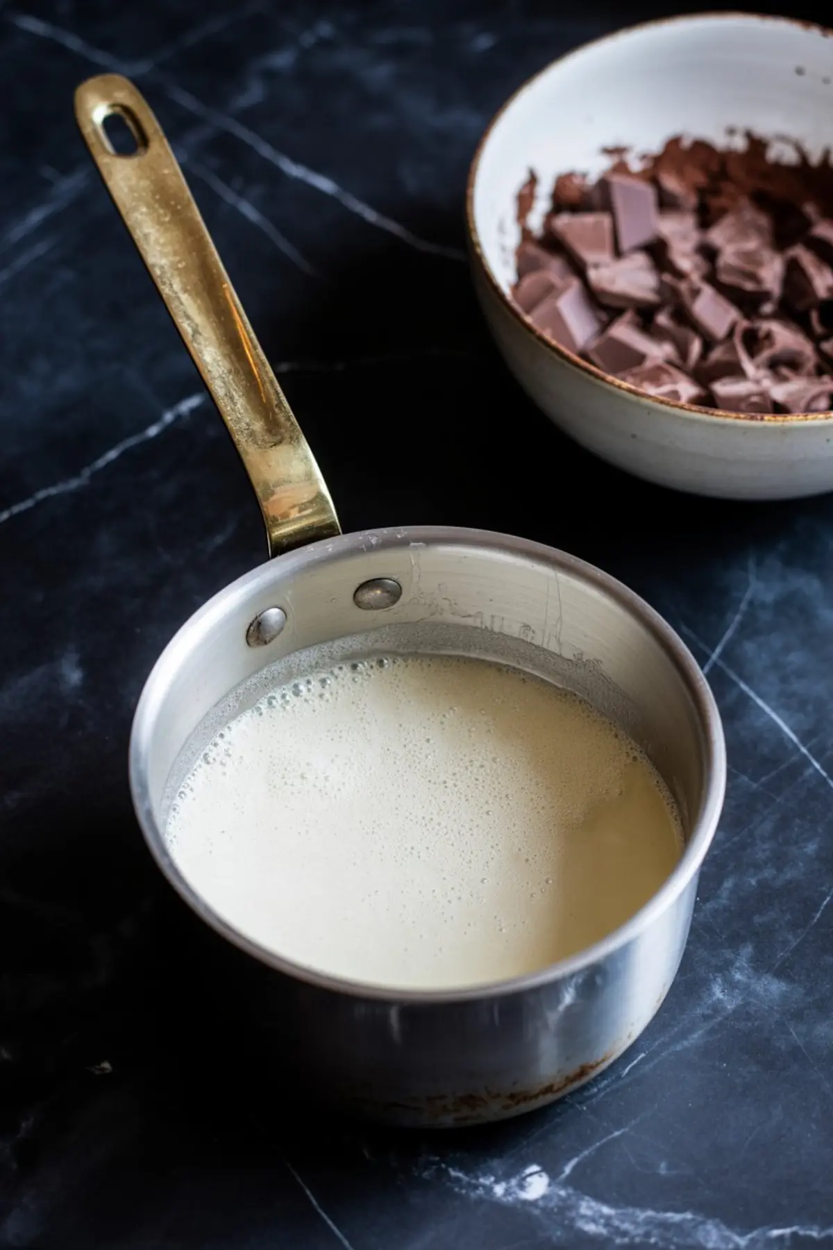Small saucepan with hot cream on a marble surface next to a ceramic bowl filled with chunks of dark chocolate, ready for melting.
