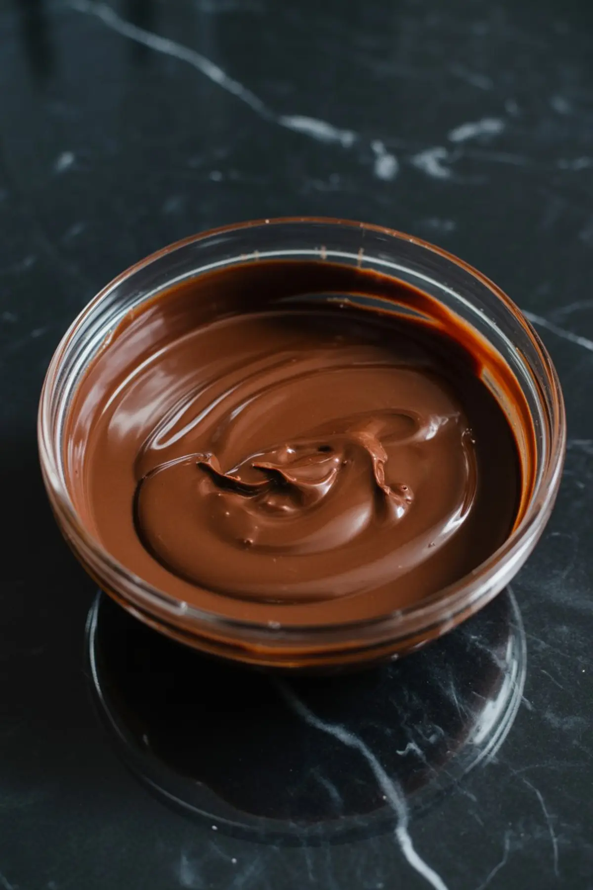 Glass bowl filled with smooth, glossy melted chocolate ganache, swirled and ready for dessert preparation on a dark countertop.
