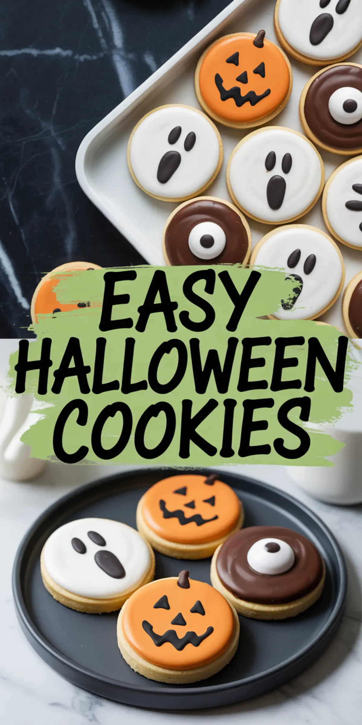 Collage featuring trays of ghost and pumpkin sugar cookies with bold text “Easy Halloween Cookies,” alongside a plate of decorated cookies.