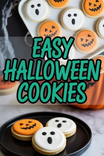 Collage with Halloween-themed cookies including ghost and jack-o’-lantern designs, shown with the phrase “Easy Halloween Cookies” in bold green lettering.