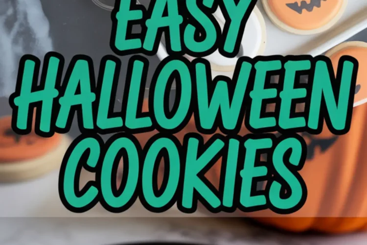 Collage with Halloween-themed cookies including ghost and jack-o’-lantern designs, shown with the phrase “Easy Halloween Cookies” in bold green lettering.
