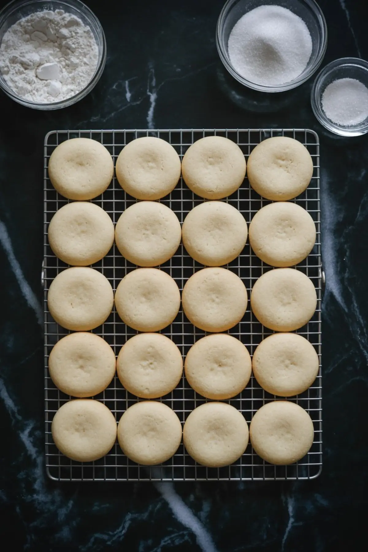 Cooling rack filled with freshly baked round sugar cookies, with bowls of flour, sugar, and salt set on a dark marble countertop.