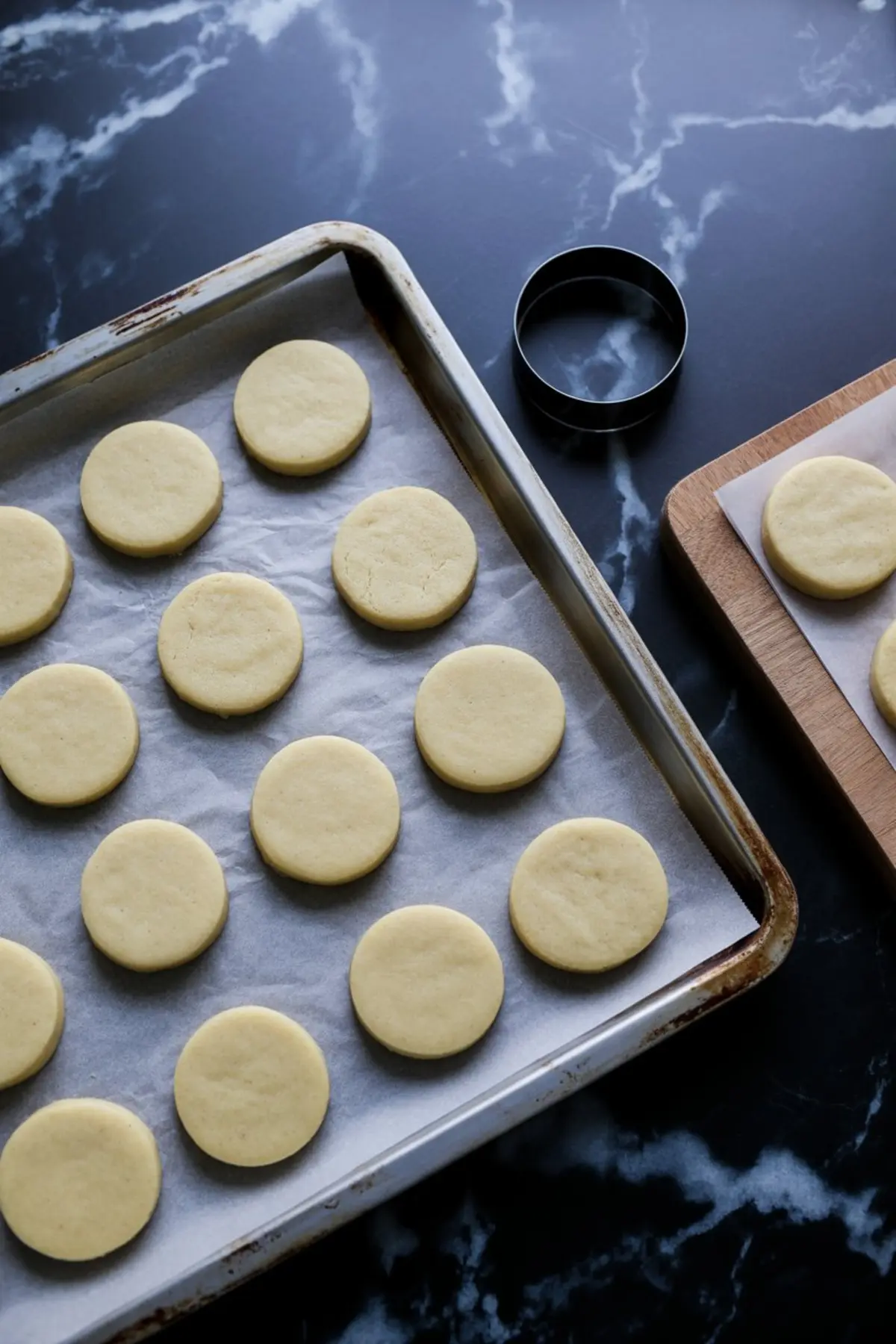 Baking sheet lined with parchment paper holding round sugar cookies alongside a wooden board with more cookies and a round cookie cutter.