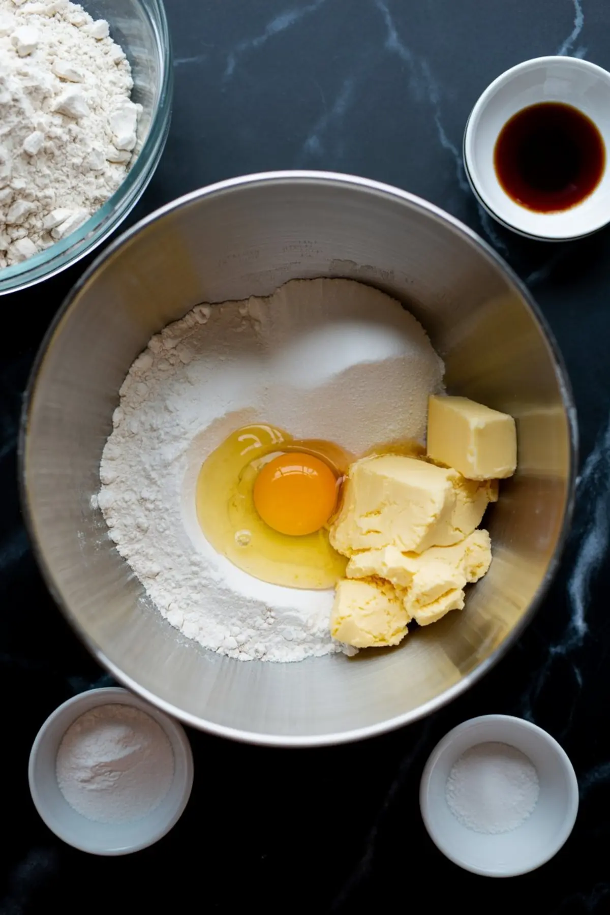 Mixing bowl with flour, sugar, butter, and a cracked egg, surrounded by vanilla extract and baking powder, ready to make sugar cookie dough.