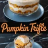 Two-image collage showing a layered pumpkin trifle dessert in a glass bowl with whipped cream, pumpkin mousse, and crumbled cake, topped with cinnamon; bottom image shows a single serving with a spoon.
