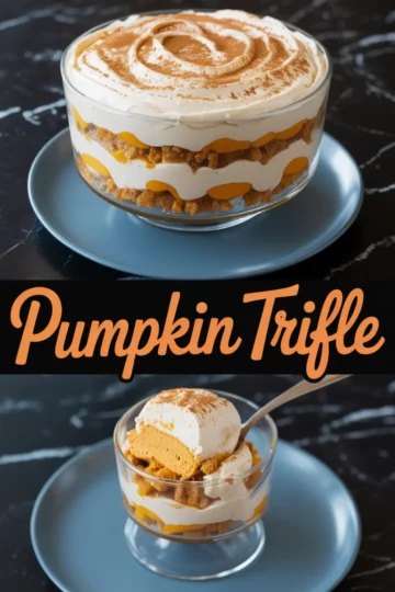 Two-image collage showing a layered pumpkin trifle dessert in a glass bowl with whipped cream, pumpkin mousse, and crumbled cake, topped with cinnamon; bottom image shows a single serving with a spoon.