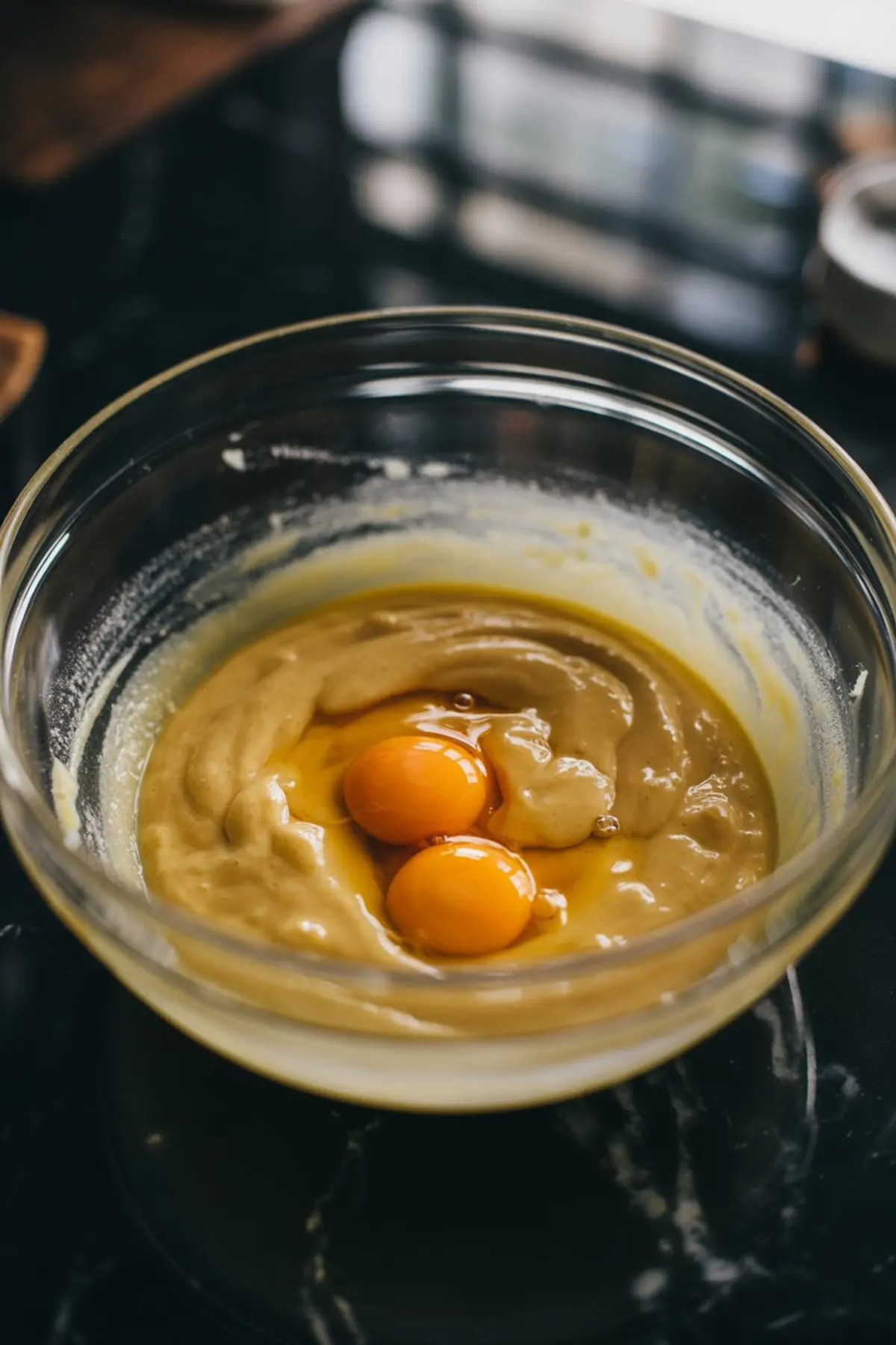 Glass mixing bowl with creamy batter and two raw egg yolks added on top, placed on a dark surface with soft ambient lighting.