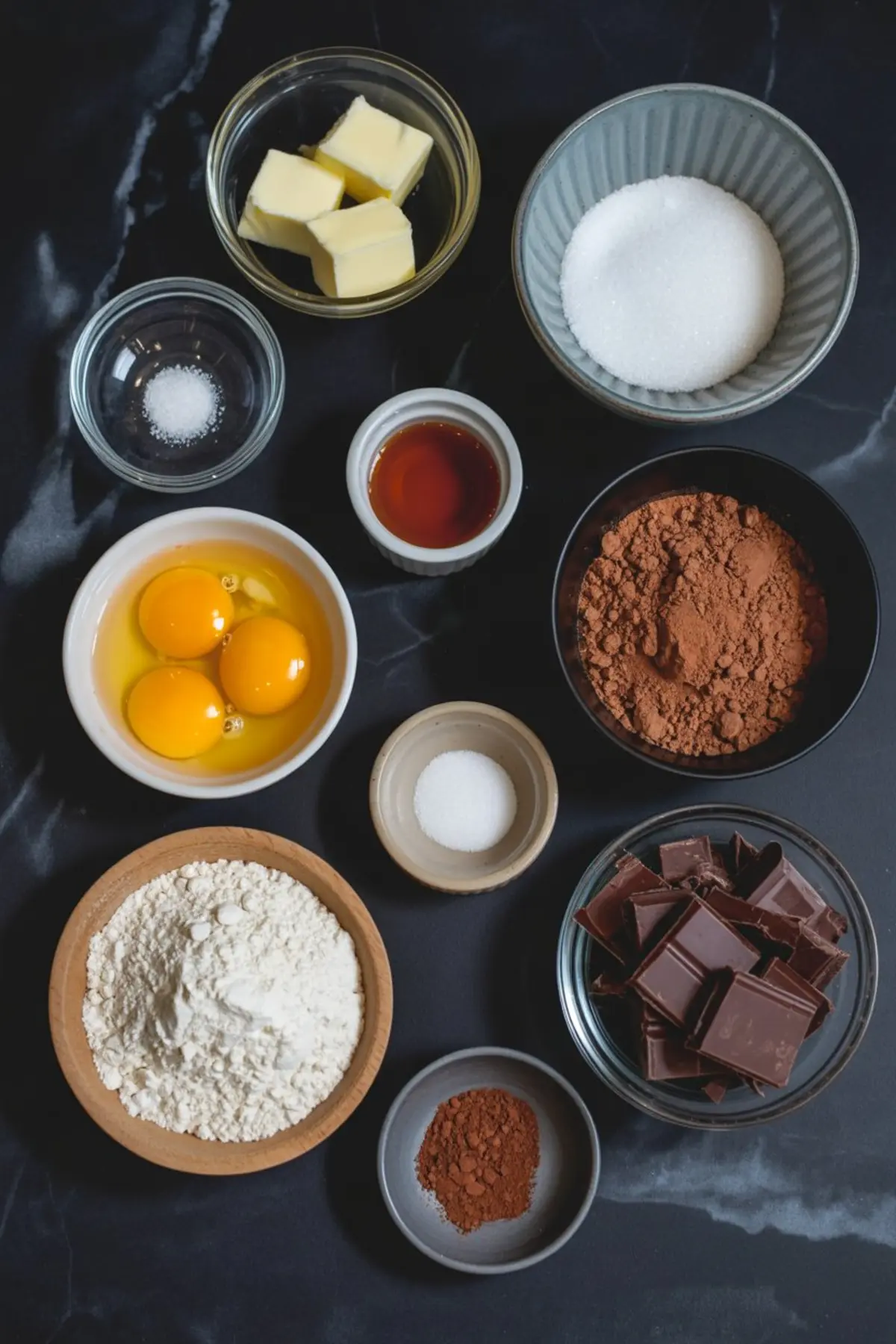 Flat lay of brownie ingredients on a black marble surface, including cubes of butter, granulated sugar, cocoa powder, eggs, vanilla extract, flour, dark chocolate chunks, salt, and baking powder.