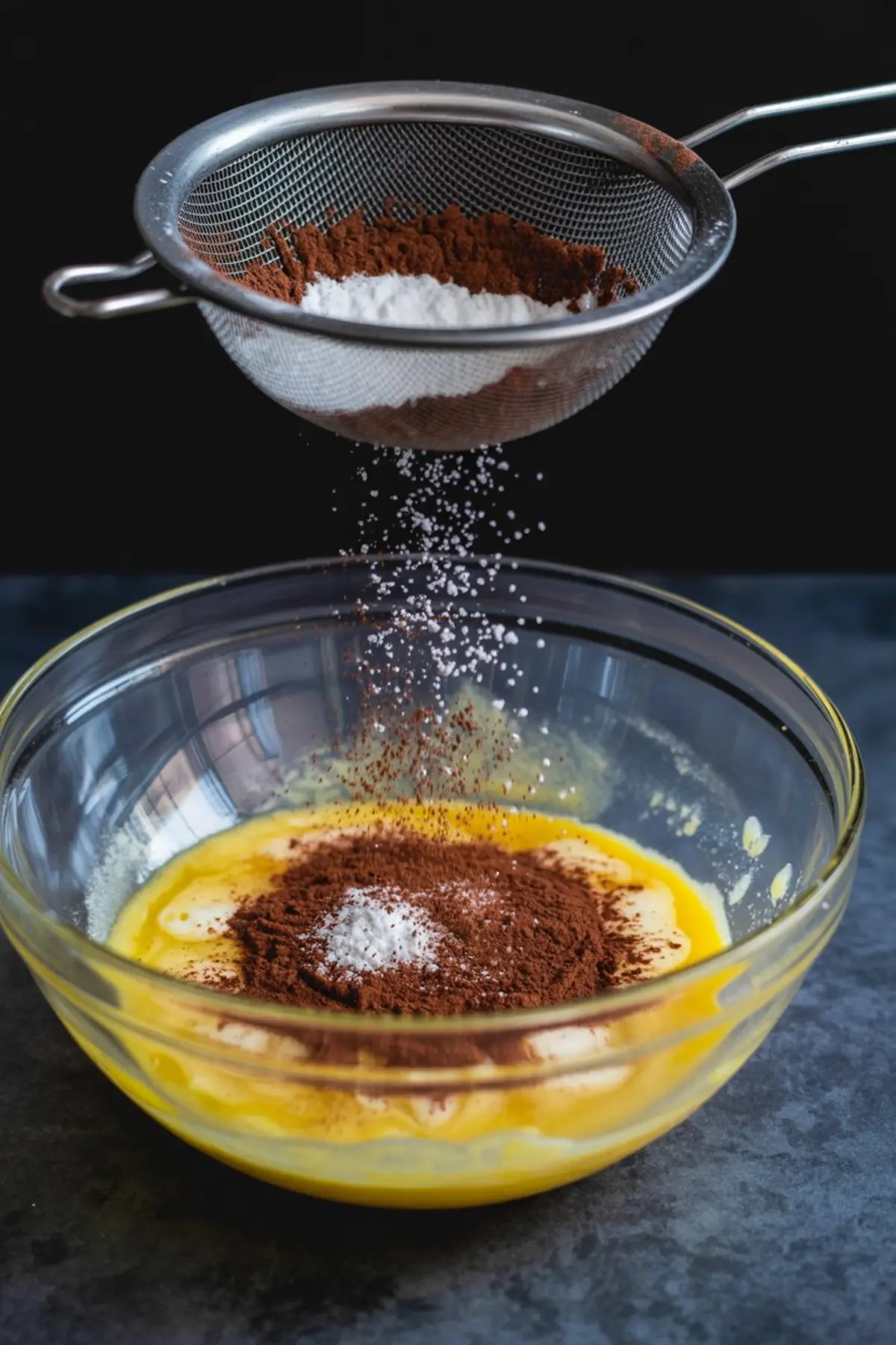 Action shot of cocoa powder and flour being sifted into a bowl of beaten eggs and sugar, with ingredients mid-air during mixing for brownie batter preparation.