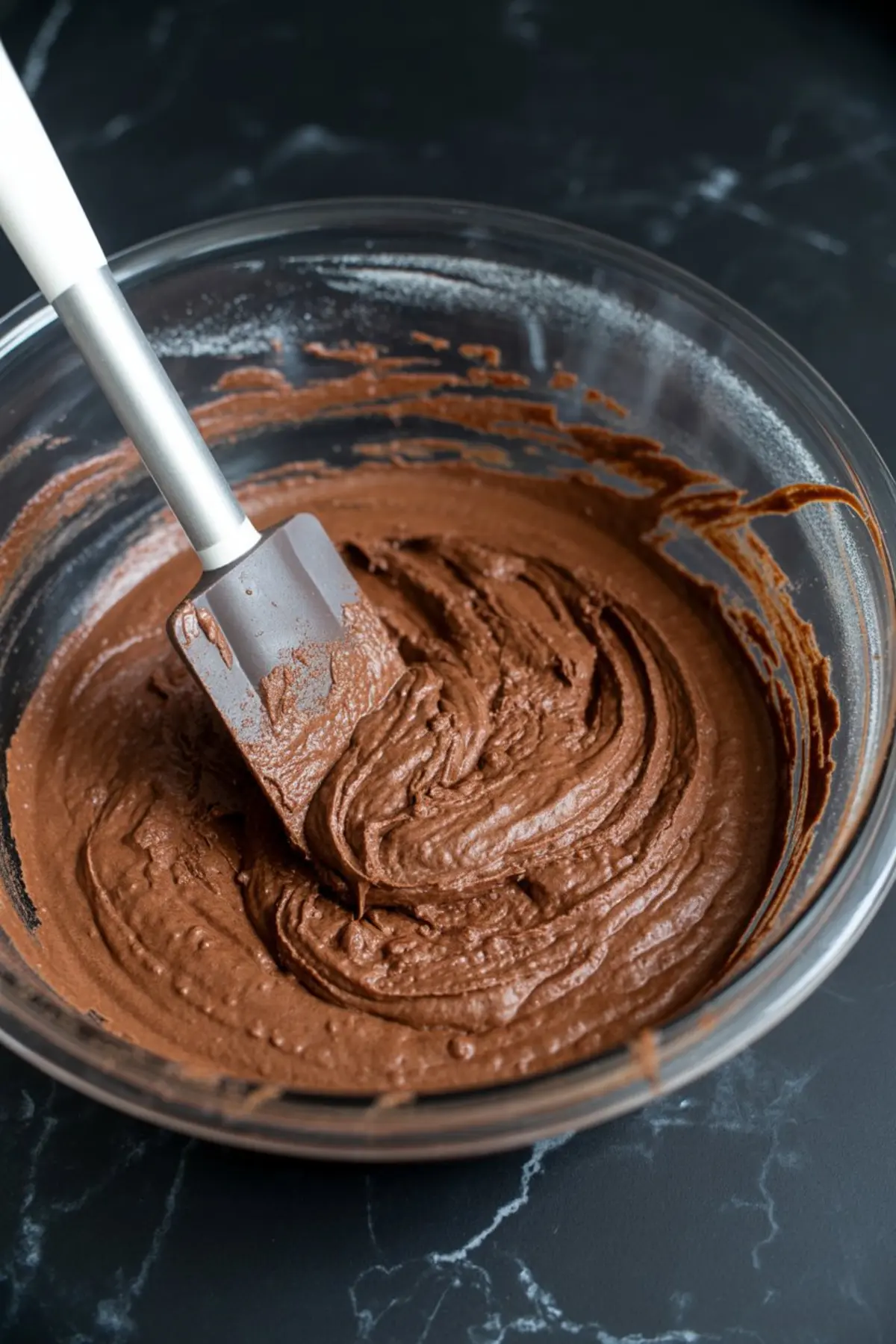 Thick chocolate brownie batter being mixed in a glass bowl with a silicone spatula, showing rich, smooth texture on a dark countertop.