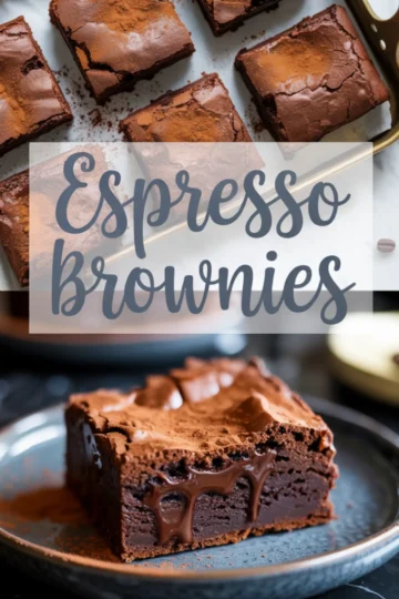 Collage image featuring espresso brownies with text overlay, showcasing top view of cut brownies dusted with cocoa powder and a close-up of a sliced brownie with gooey chocolate center on a blue plate.