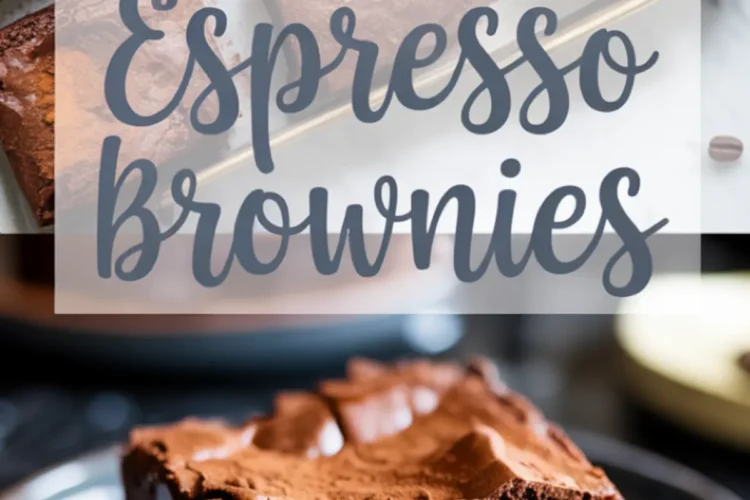 Collage image featuring espresso brownies with text overlay, showcasing top view of cut brownies dusted with cocoa powder and a close-up of a sliced brownie with gooey chocolate center on a blue plate.