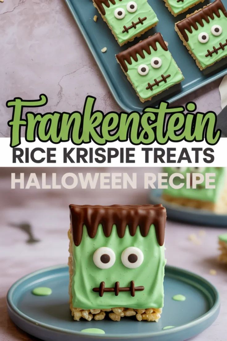 Frankenstein-themed Rice Krispie treats decorated with green candy coating, candy eyes, and chocolate details, displayed on a teal tray with a text overlay that reads “Frankenstein Rice Krispie Treats Halloween Recipe.”