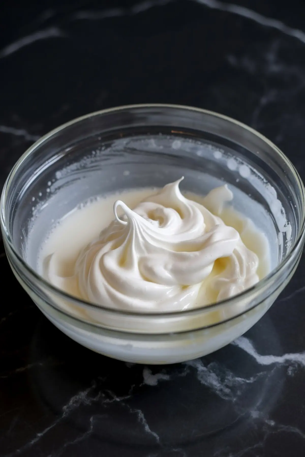 Thick glossy meringue with stiff peaks in a clear glass bowl, ready for piping Halloween ghost treats on a dark marble surface.