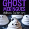 Piped meringue ghost cookies with curled tops and candy eyes on a dark marble slab, displayed in a split collage with “Ghost Meringues” party treat label.