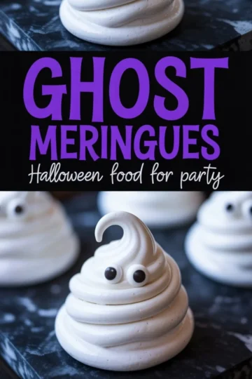 Piped meringue ghost cookies with curled tops and candy eyes on a dark marble slab, displayed in a split collage with “Ghost Meringues” party treat label.