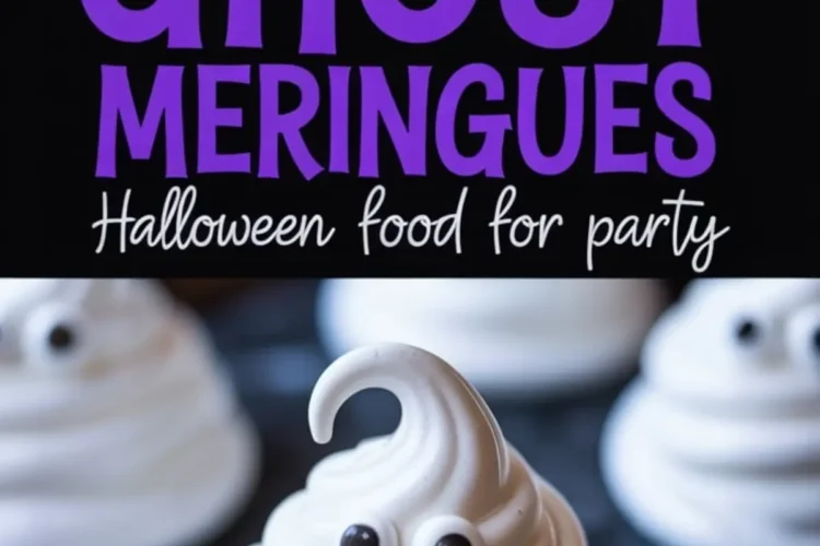 Piped meringue ghost cookies with curled tops and candy eyes on a dark marble slab, displayed in a split collage with “Ghost Meringues” party treat label.