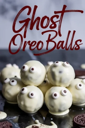 Close-up of stacked ghost-themed Oreo balls with candy eyes and white chocolate coating, placed on a dark reflective surface with Halloween dessert text overlay.