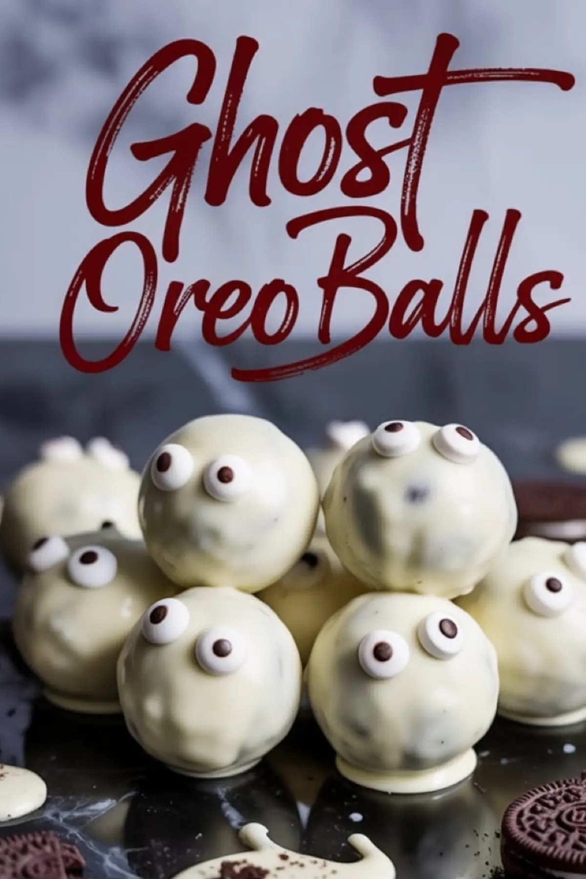 Close-up of stacked ghost-themed Oreo balls with candy eyes and white chocolate coating, placed on a dark reflective surface with Halloween dessert text overlay.