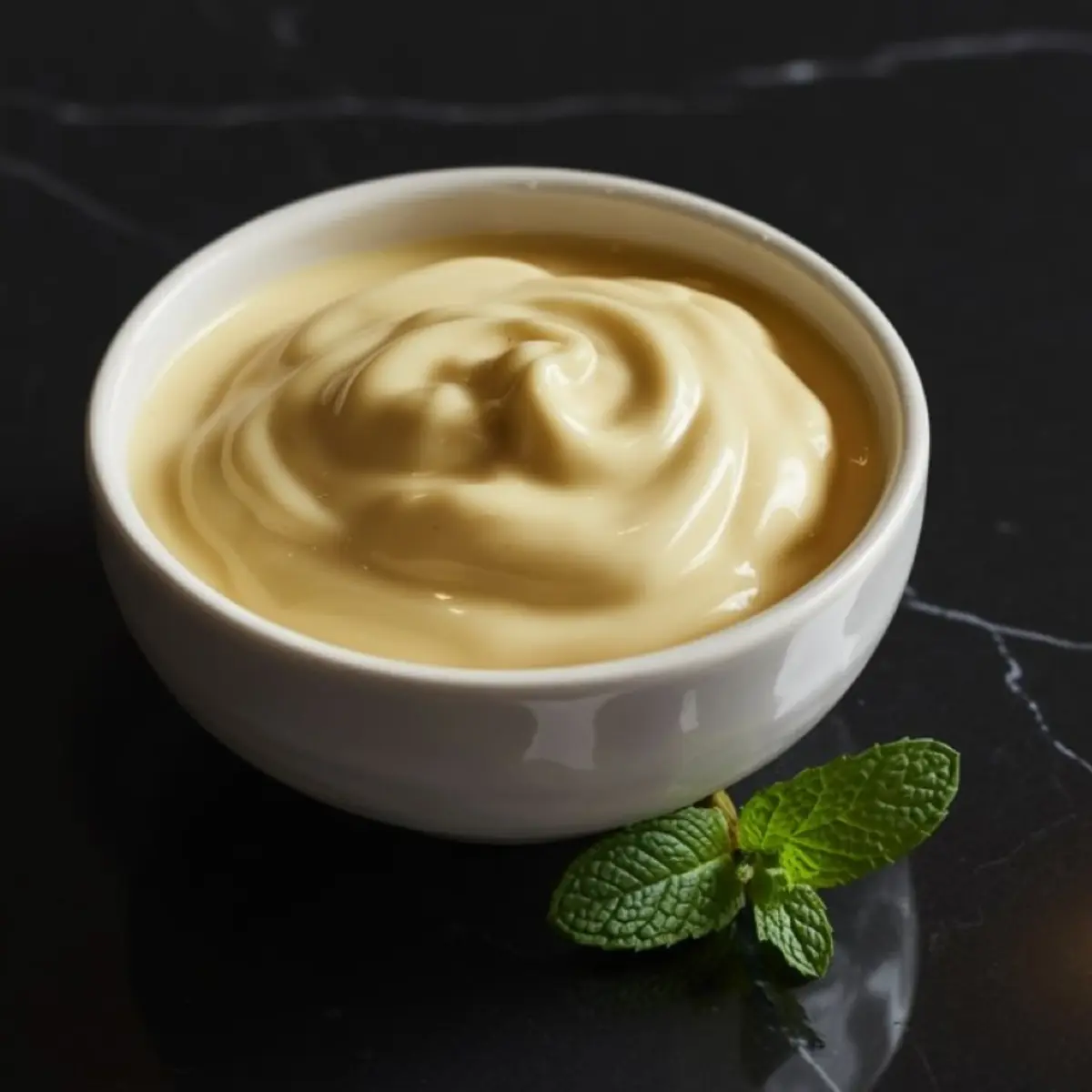 A small white bowl filled with creamy melted white chocolate ganache, garnished with a fresh mint sprig on a dark stone background.