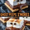 Halloween ghost Peeps s’mores made with golden graham crackers, melting milk chocolate, and toasted marshmallow Peeps shaped like spooky ghosts with dark eyes.