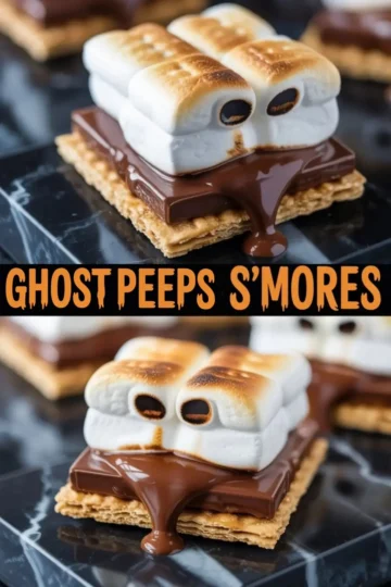 Halloween ghost Peeps s’mores made with golden graham crackers, melting milk chocolate, and toasted marshmallow Peeps shaped like spooky ghosts with dark eyes.