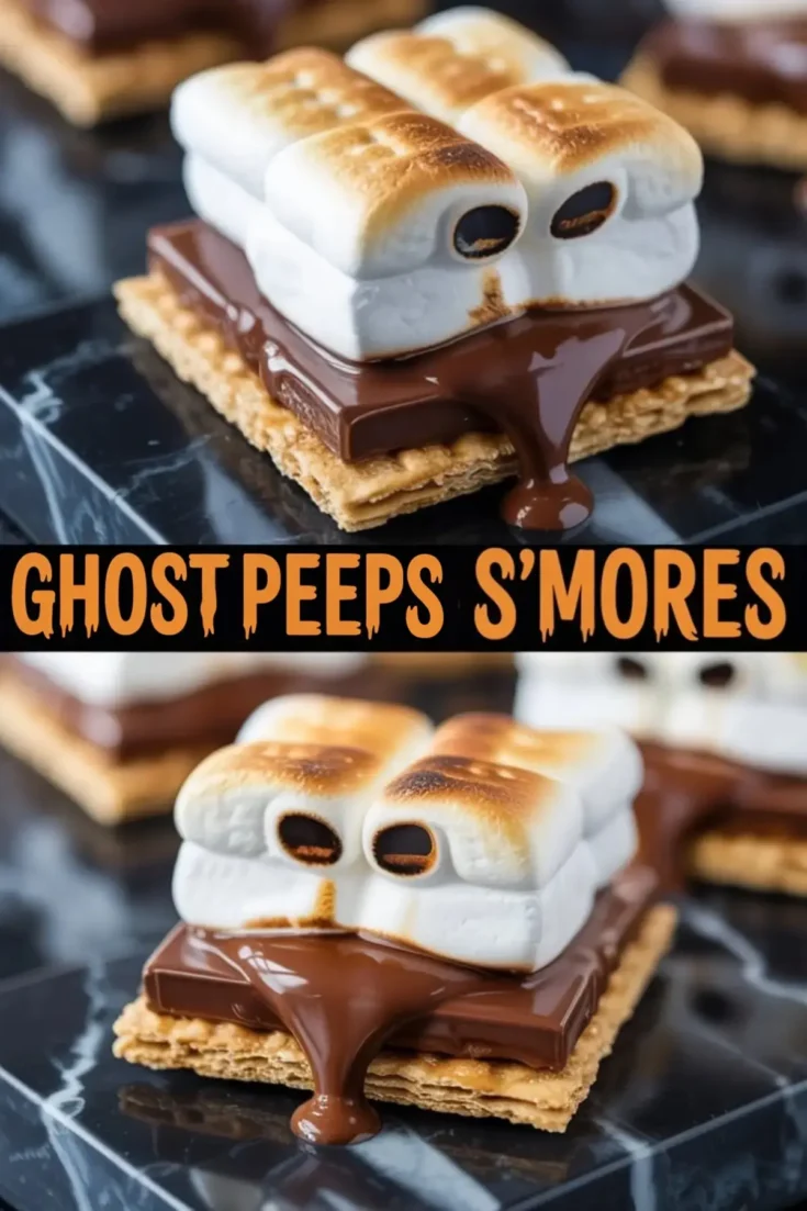 Halloween ghost Peeps s’mores made with golden graham crackers, melting milk chocolate, and toasted marshmallow Peeps shaped like spooky ghosts with dark eyes.