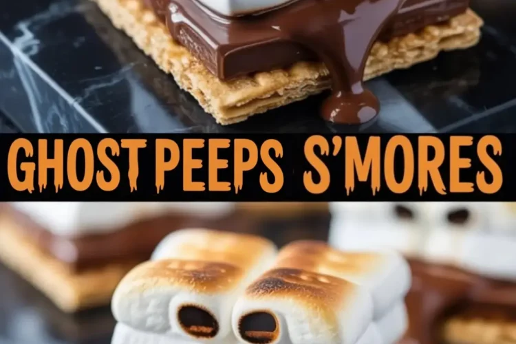 Halloween ghost Peeps s’mores made with golden graham crackers, melting milk chocolate, and toasted marshmallow Peeps shaped like spooky ghosts with dark eyes.
