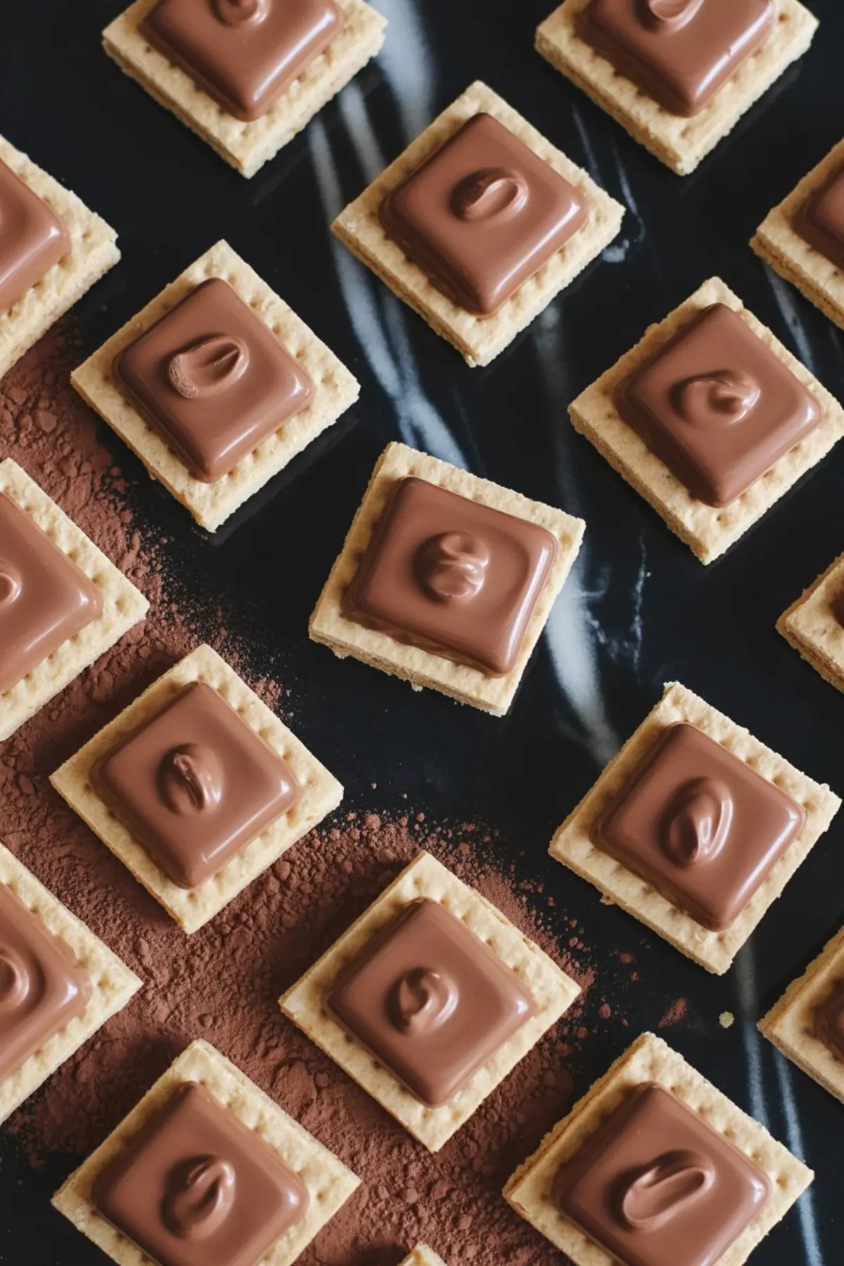 Graham crackers topped with square milk chocolate pieces, neatly arranged on a black surface with a dusting of cocoa powder, prepared for making s’mores.