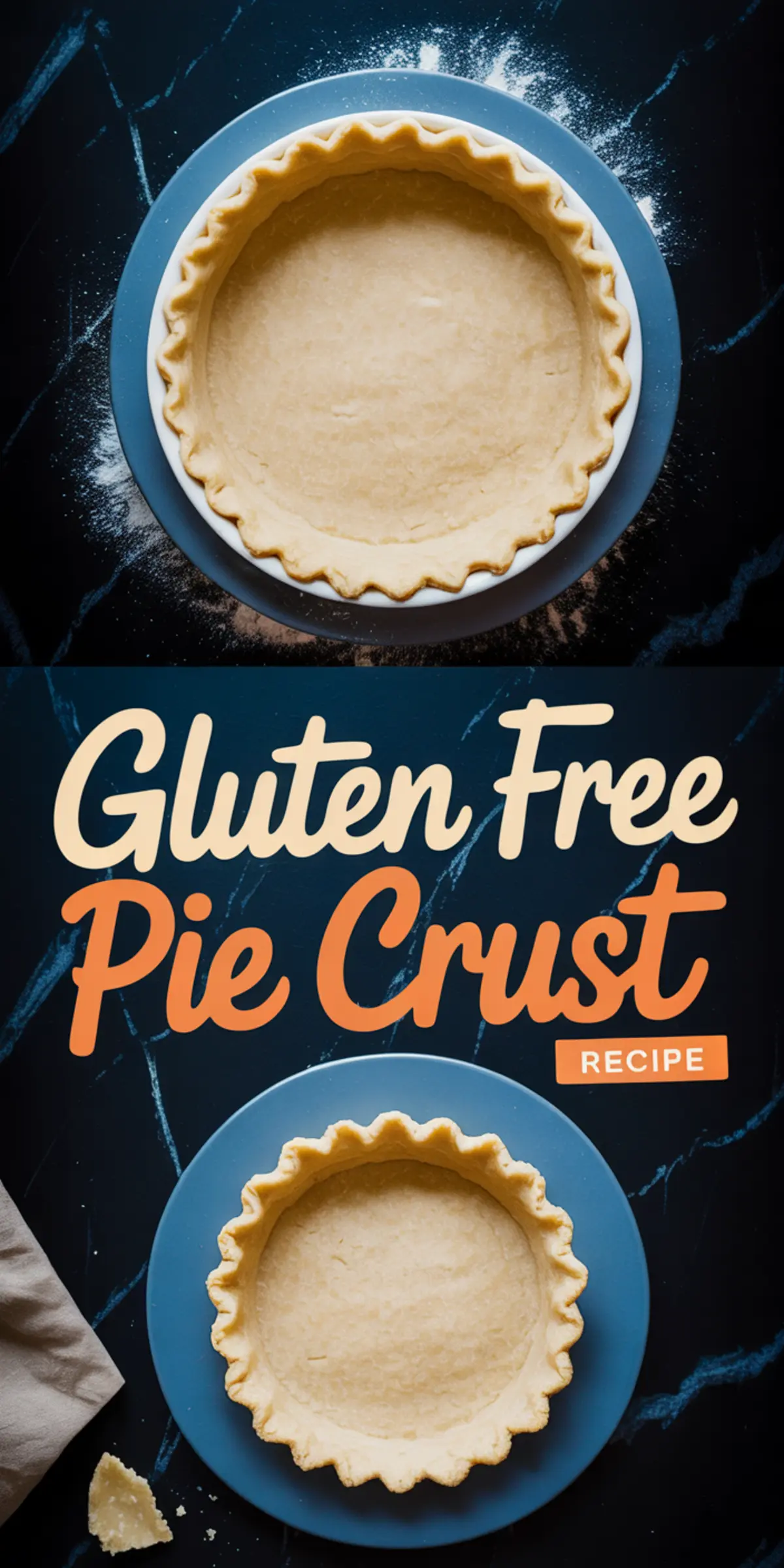 Collage image featuring two gluten-free pie crusts with crimped edges in ceramic pie dishes on a dark background, with bold “Gluten Free Pie Crust Recipe” text overlayed in the center.