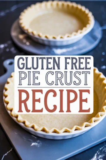 Gluten-free pie crust in a ceramic pie dish with fluted edges, placed on a marble surface, overlaid with a sign reading “Gluten Free Pie Crust Recipe.”