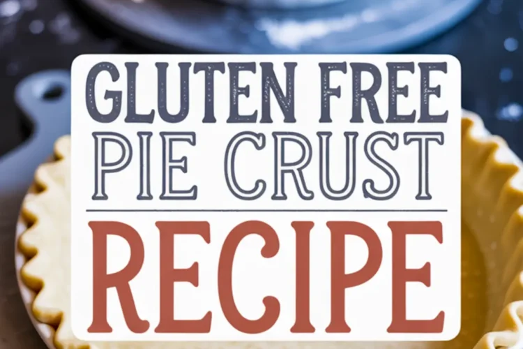 Gluten-free pie crust in a ceramic pie dish with fluted edges, placed on a marble surface, overlaid with a sign reading “Gluten Free Pie Crust Recipe.”