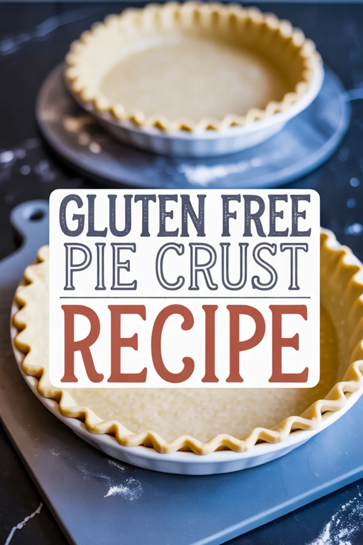 Gluten-free pie crust in a ceramic pie dish with fluted edges, placed on a marble surface, overlaid with a sign reading “Gluten Free Pie Crust Recipe.”