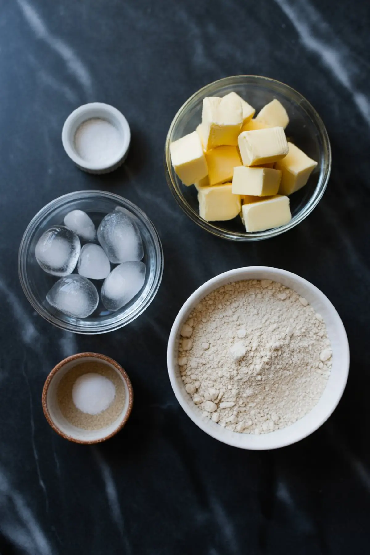 Overhead view of gluten-free pie crust ingredients on a dark counter, including cubed butter, ice water, flour, sugar, and salt arranged in small bowls.