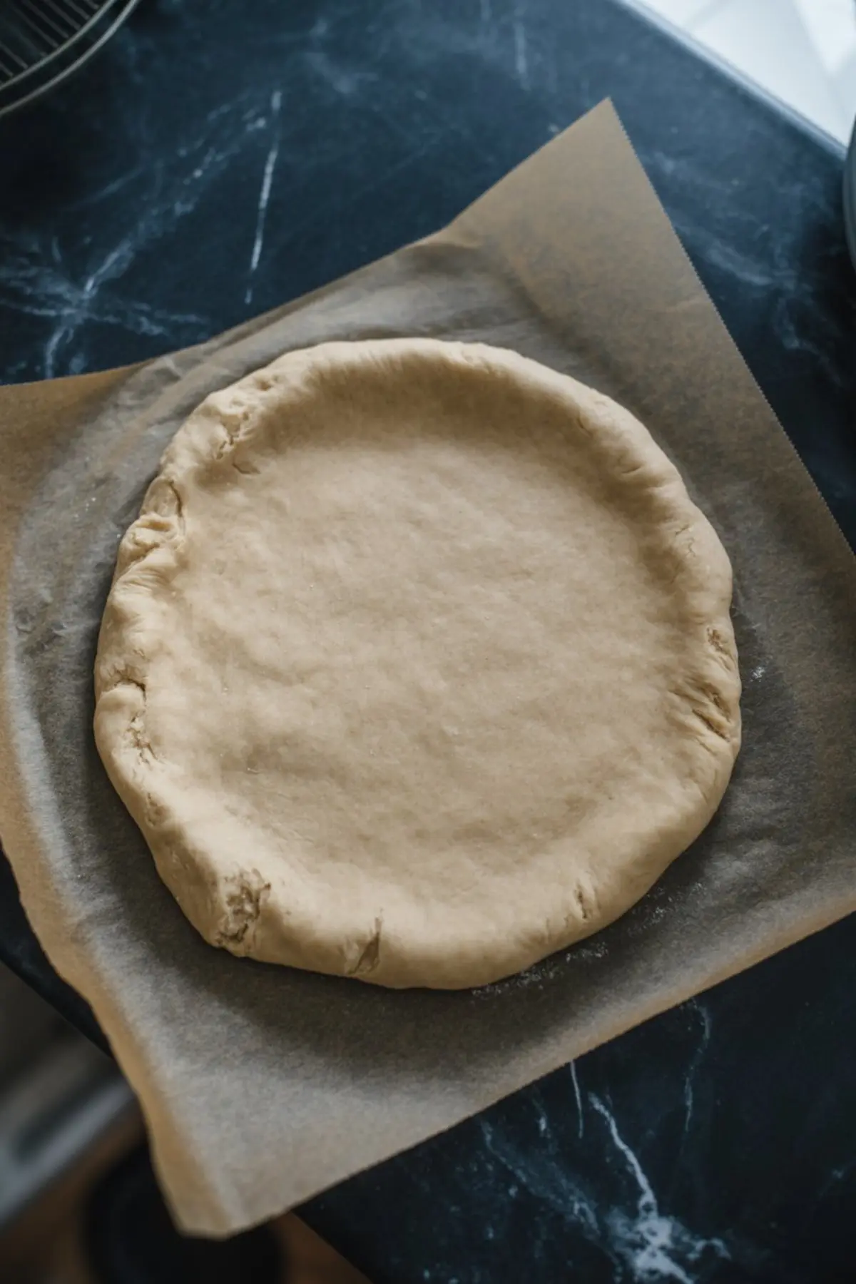 Round gluten-free pie dough disk resting on parchment paper over a dark marble surface, showcasing a homemade unbaked crust with crimped edges.
