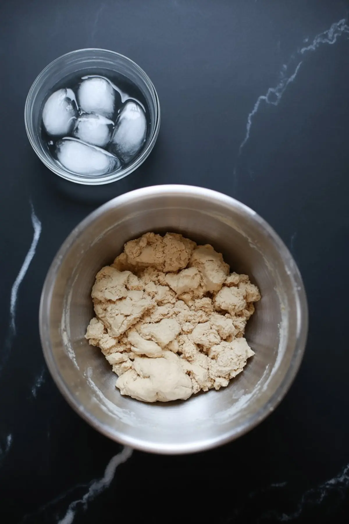 Metal mixing bowl filled with shaggy gluten-free dough beside a glass bowl of ice water on a black marble surface, highlighting early stages of pie crust preparation.