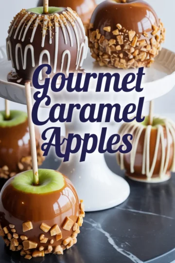 Chocolate-dipped and peanut-crusted caramel apples rest on a white cake stand with bold script text reading “Gourmet Caramel Apples.”