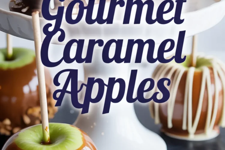 Chocolate-dipped and peanut-crusted caramel apples rest on a white cake stand with bold script text reading “Gourmet Caramel Apples.”