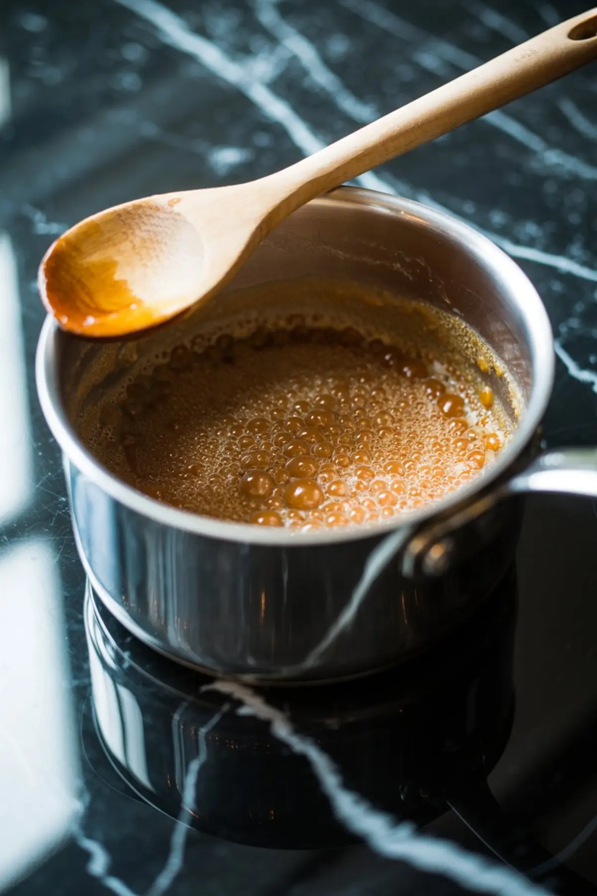 Golden caramel bubbles in stainless saucepan as wooden spoon rests across top during stovetop cooking process.