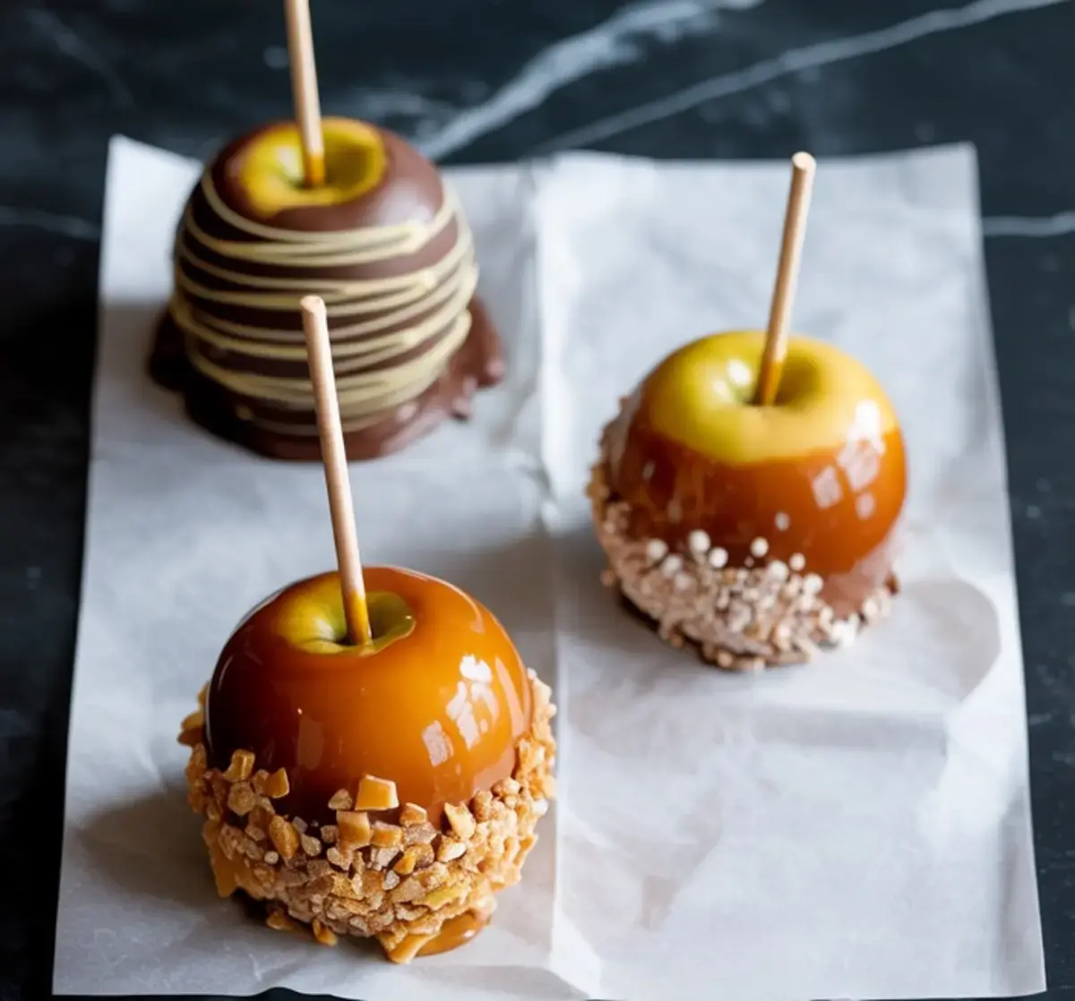 Caramel apples on parchment show coatings of dark chocolate swirl, chopped toffee crunch, and coarse sugar sprinkles, highlighting gourmet candy apple variations.