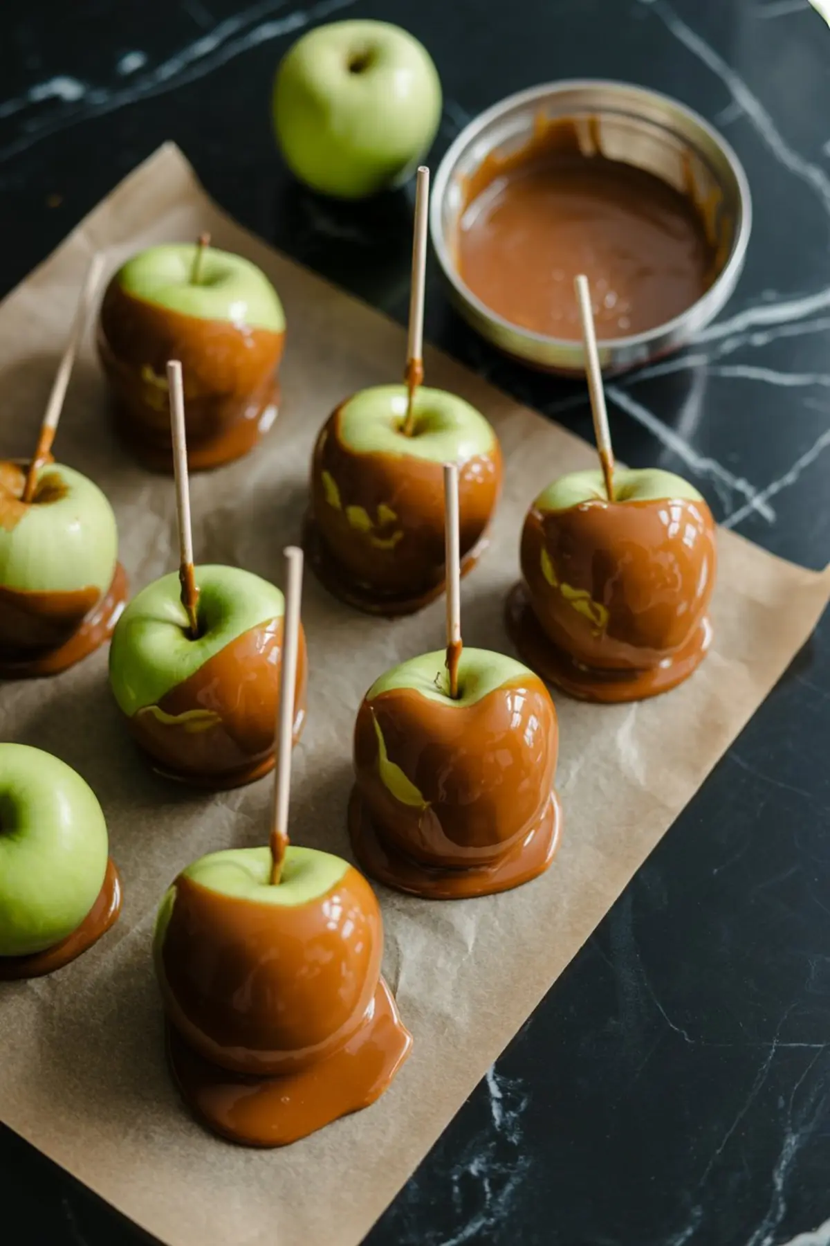 Glossy caramel coats green apples set on parchment, warm candy pooling around each base on black marble counter.