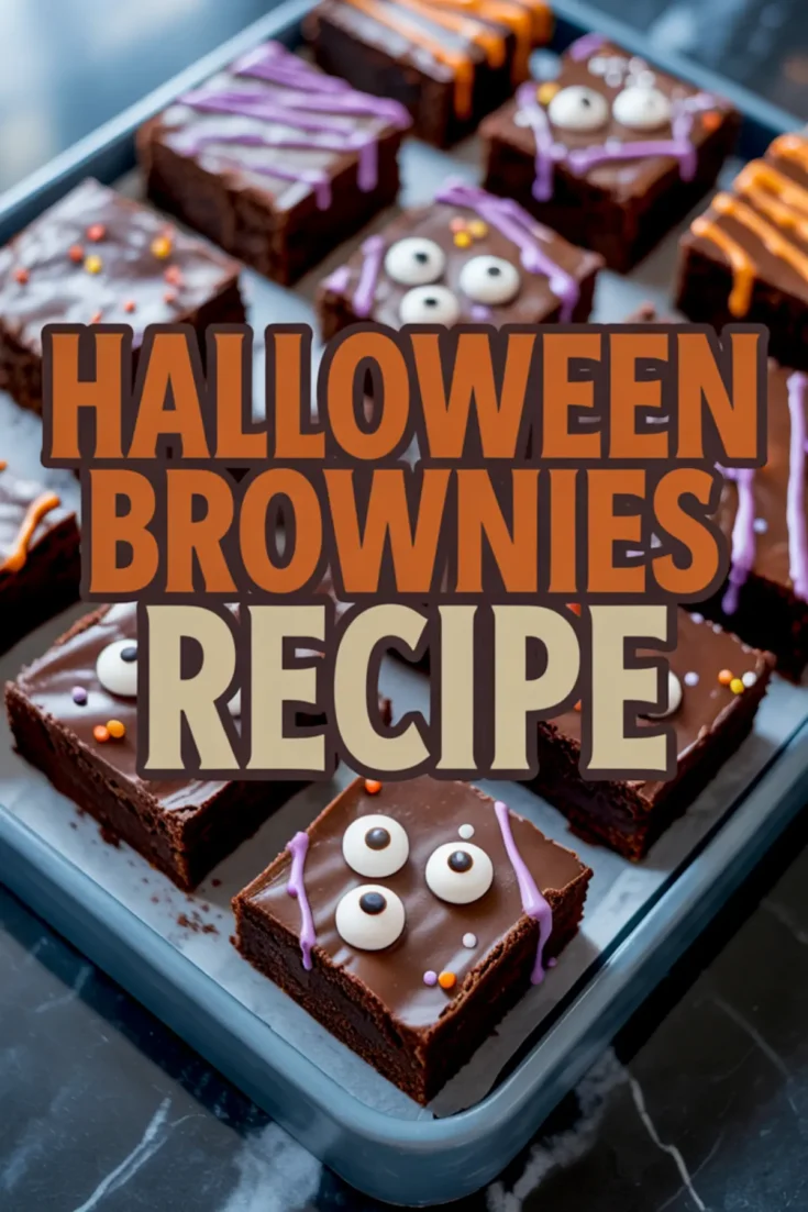 Decorated Halloween brownies topped with candy eyes and colorful orange and purple icing, arranged neatly on a blue tray with text overlay reading “Halloween Brownies Recipe.”