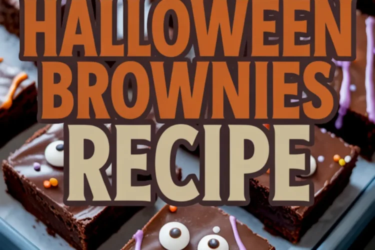 Decorated Halloween brownies topped with candy eyes and colorful orange and purple icing, arranged neatly on a blue tray with text overlay reading “Halloween Brownies Recipe.”