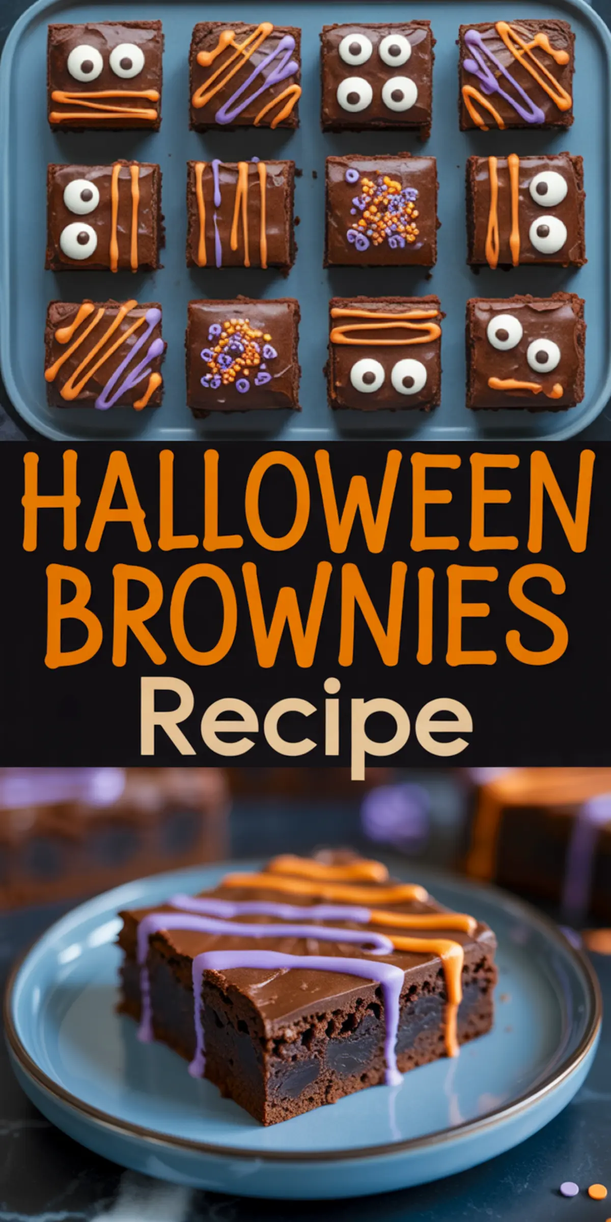 Collage showing twelve square Halloween brownies on a blue tray, each topped with candy eyes or drizzled icing in festive orange and purple, followed by a close-up of a single decorated brownie on a blue plate.