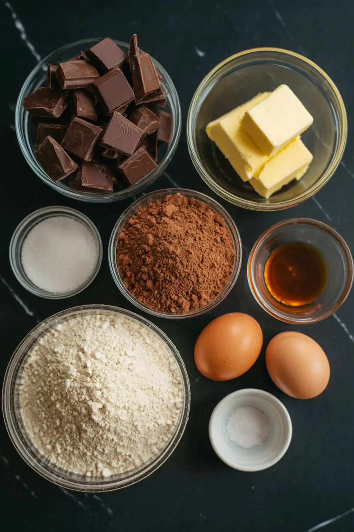 Overhead view of brownie ingredients on a black marble surface, including chopped chocolate, butter, sugar, cocoa powder, vanilla extract, flour, eggs, and baking soda, displayed in clear bowls for baking preparation.