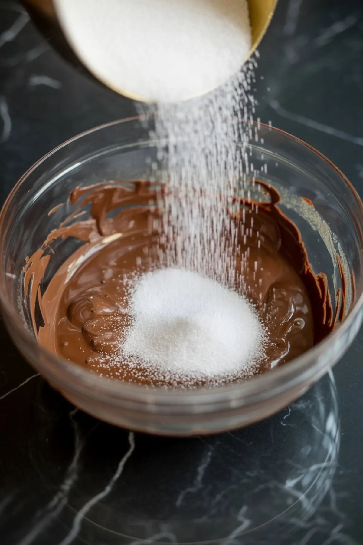 White granulated sugar being poured into a bowl of melted chocolate, captured mid-action against a dark marble countertop during dessert recipe prep.