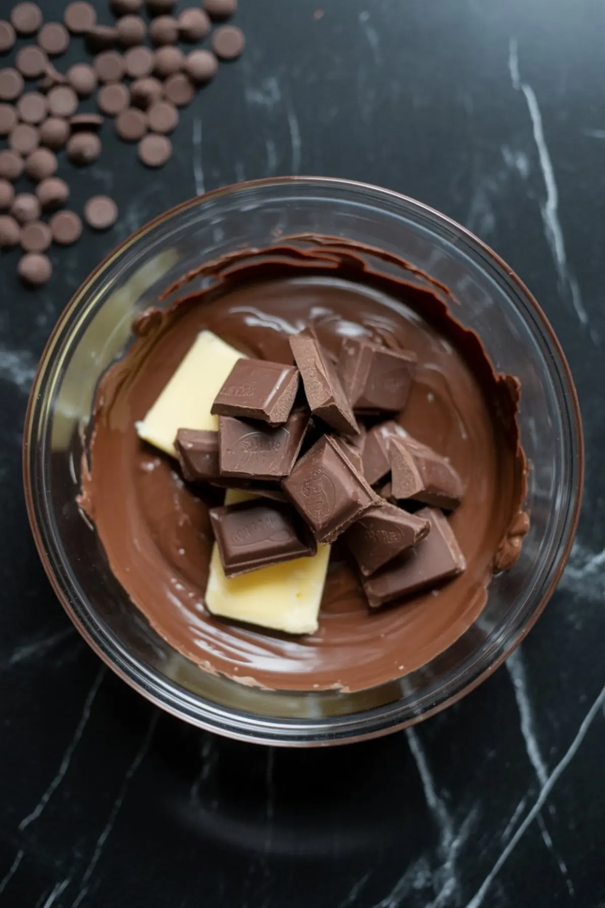 Glass bowl filled with semi-melted chocolate chunks and butter, placed on a black countertop, ready for mixing in a brownie batter.