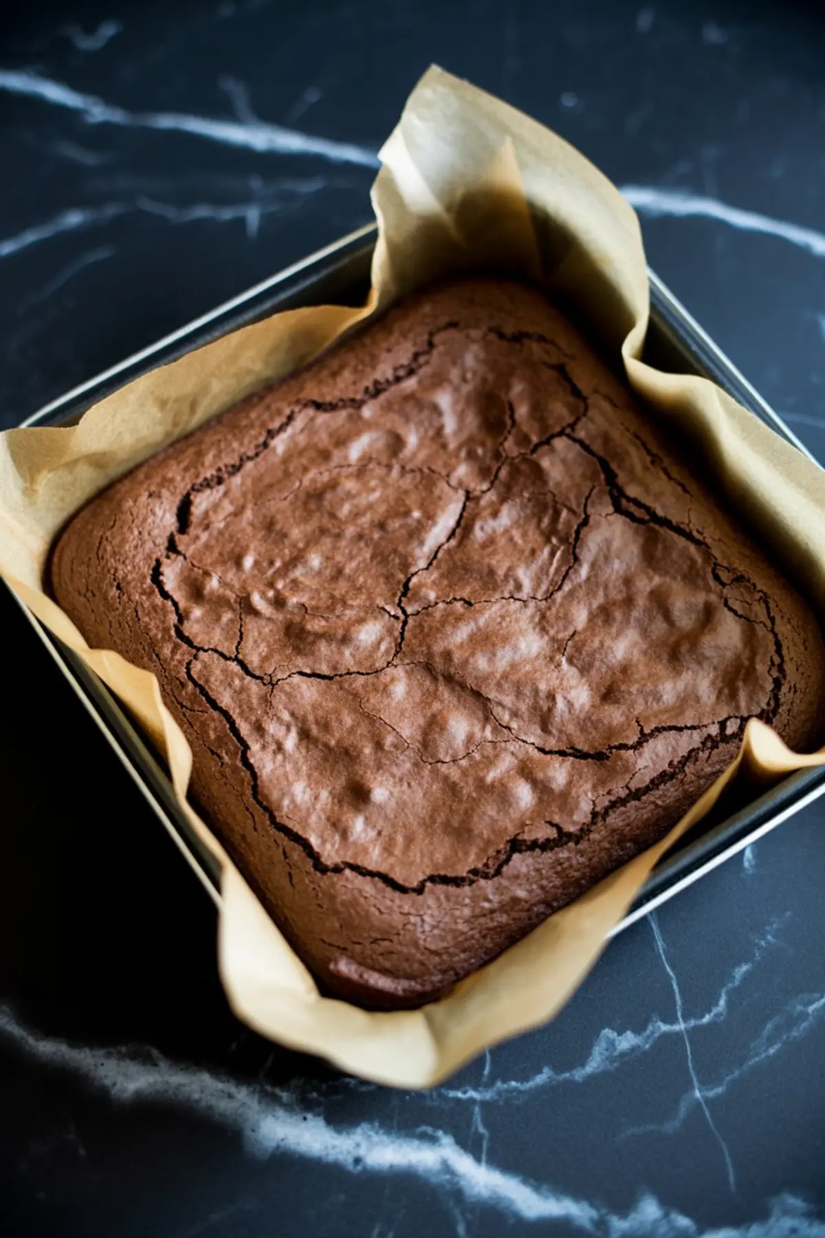 Freshly baked brownie slab with a cracked, shiny top layer still in the parchment-lined metal baking tin, cooling on a dark marble surface.