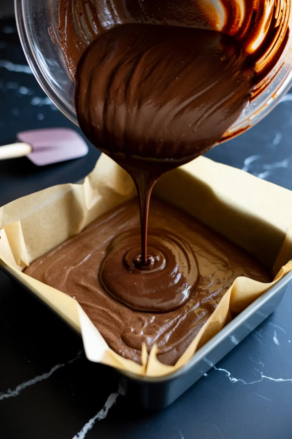 Thick chocolate brownie batter being poured into a parchment-lined baking pan, creating a rich swirl pattern on the surface.